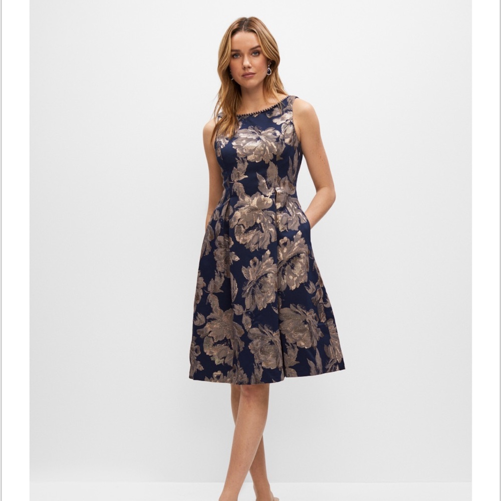 Adrianna Papell Navy and Gold Floral Dress